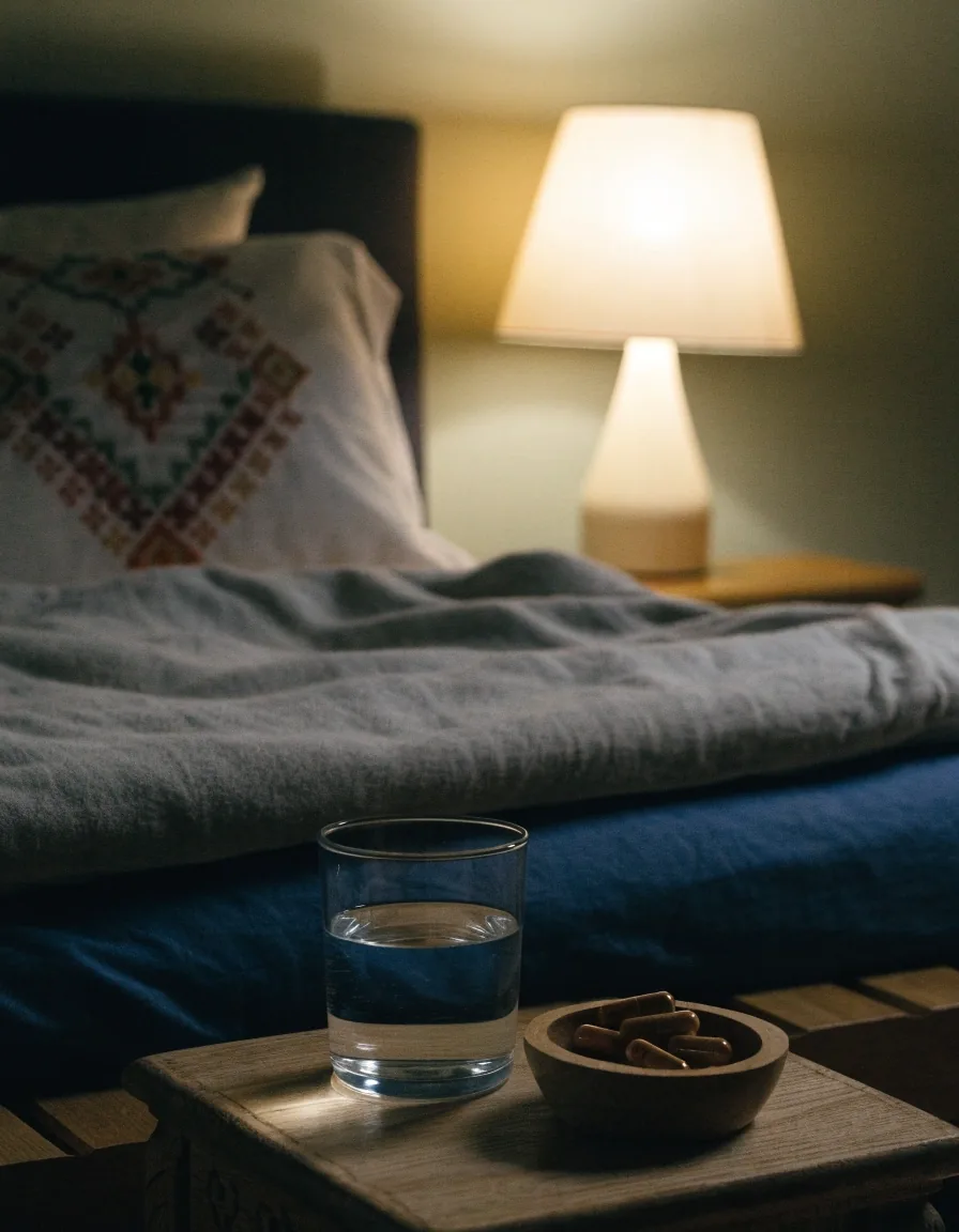 Rincón de recámara con agua sobre una mesa de noche y luz suave de persiana