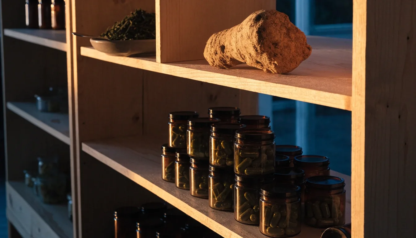 Mesa de trabajo con guaraná, té verde, maca, magnesio y cápsulas sin marca ordenados como una lámina de formulario