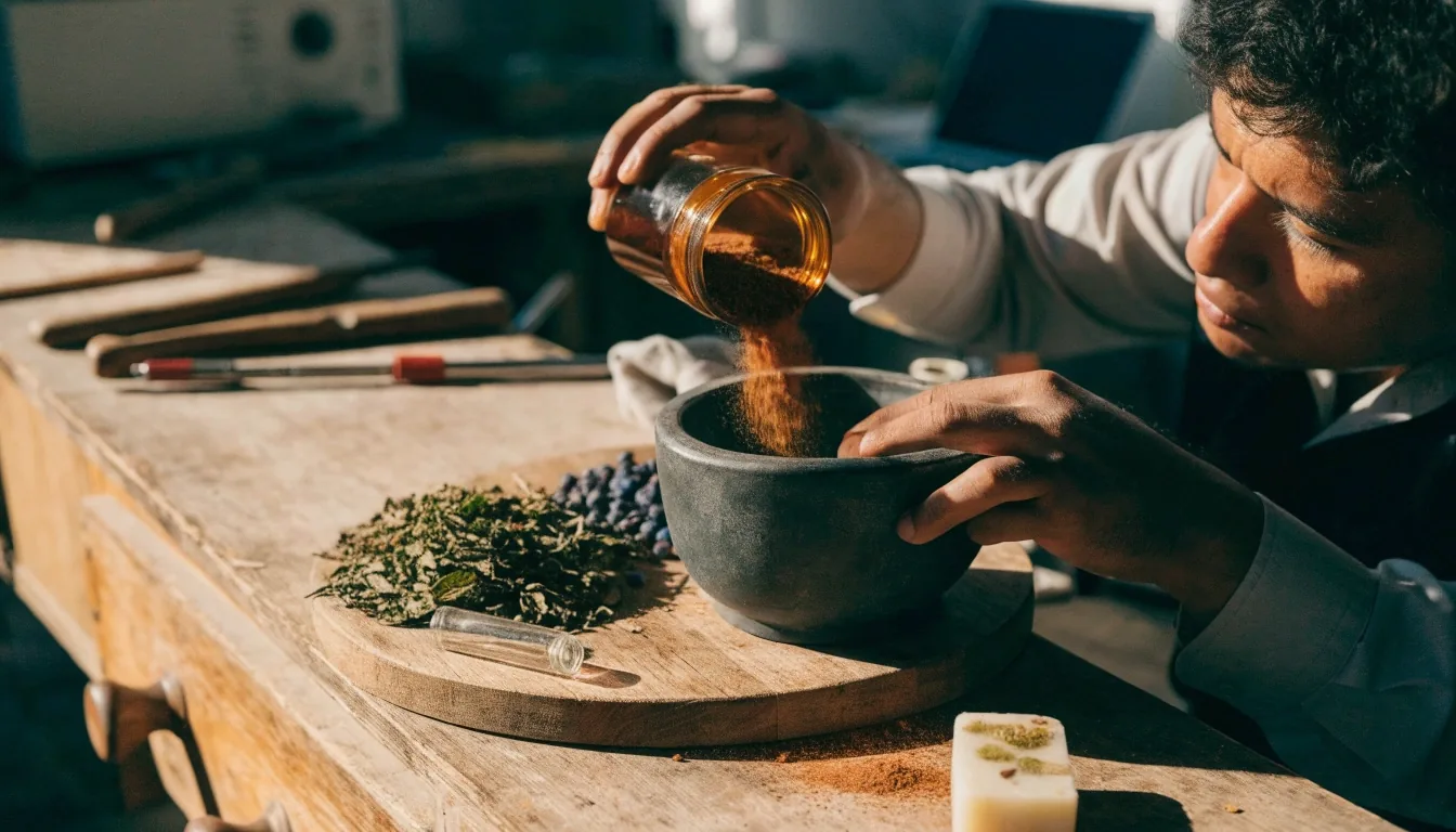 Hoja de té verde, bayas de guaraná y raíz de maca sobre papel claro con luz de ventana
