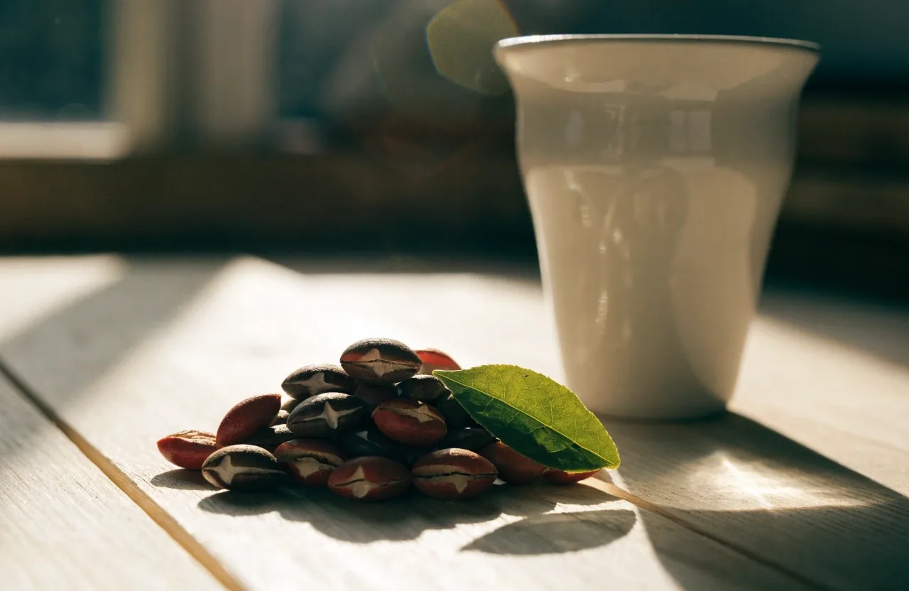 Hoja de té verde en primer plano sobre papel cálido con luz lateral rasante