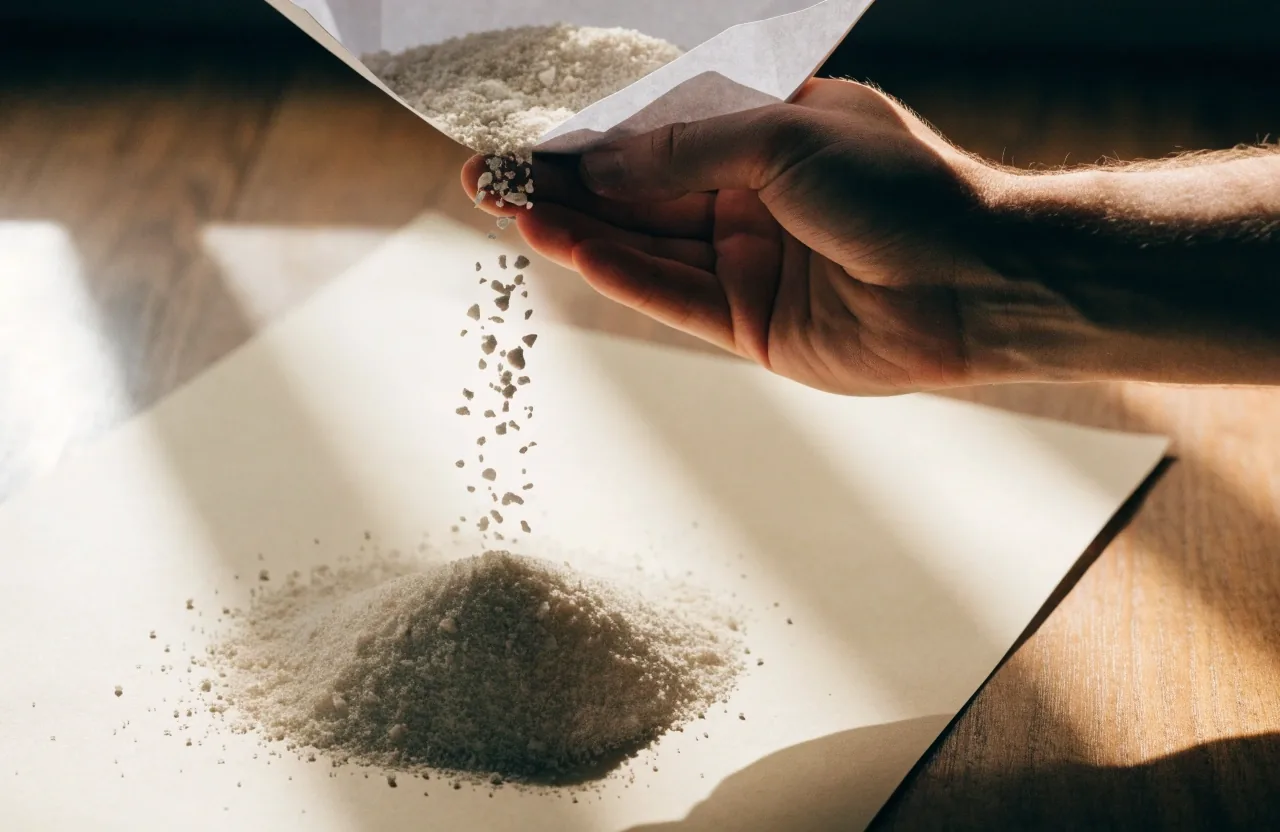 Mano vertiendo gránulos de magnesio desde un plato de papel sobre una hoja