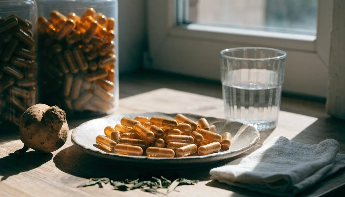Mesa de trabajo en papel claro con un plato de cápsulas naturales, botánicos secos y papel rayado en blanco bajo luz de día